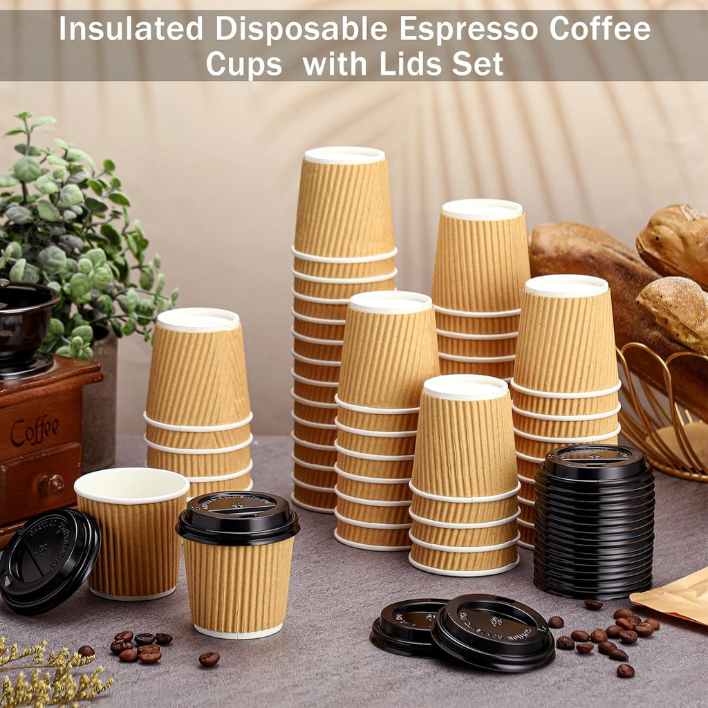 Uiifan 100 Set 4oz Disposable Espresso Cups with Lids Ripple Corrugated Paper Disposable Coffee Insulated Hot Ripple Cups for hot Chocolate, Tea, and Cocoa Drinks(Kraft Paper Color)