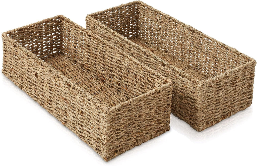 Casafield Set of 2 Bathroom Storage Baskets, Natural - Seagrass, 16" W x 6.75" D x 4.25" H, Woven Toilet Tank Topper Bins for Organizing Tissues, Toilet Paper, Toiletries, Shelves