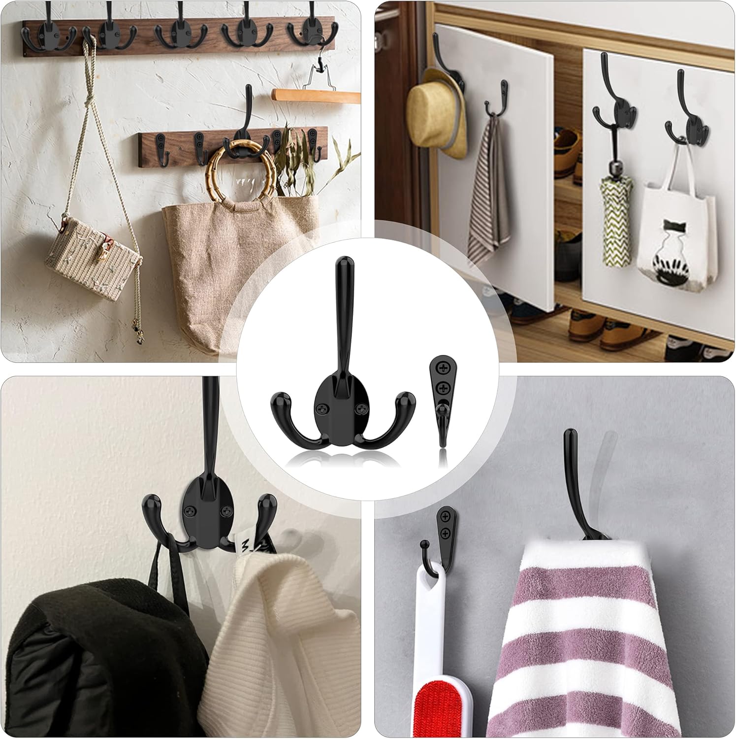 10 Pack Heavy Duty Wall Mounted Black Coat Hooks With 30 Screws - Mudroom, Backpack, Robe, Hat Hooks (Two Types of Hooks + Three Types of Screws Included)