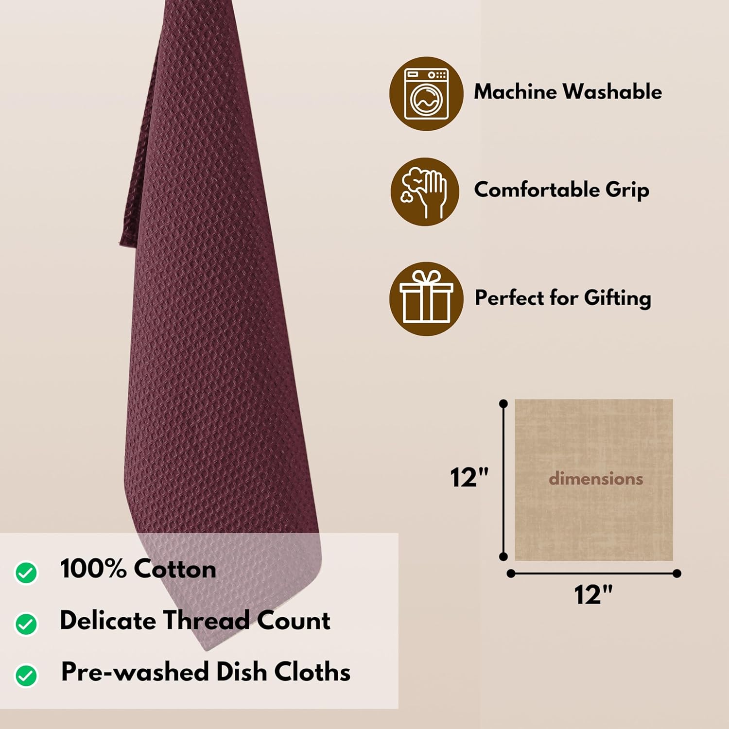 Native Fab Waffle 12 Pack Dish Cloths - 100% Cotton, Absorbent, Quick Dry, Washable Towels for Cleaning, Cooking & Drying Dishes - Perfect for Home, Restaurants, Bars, Cafes - 12"x12" - Burgundy