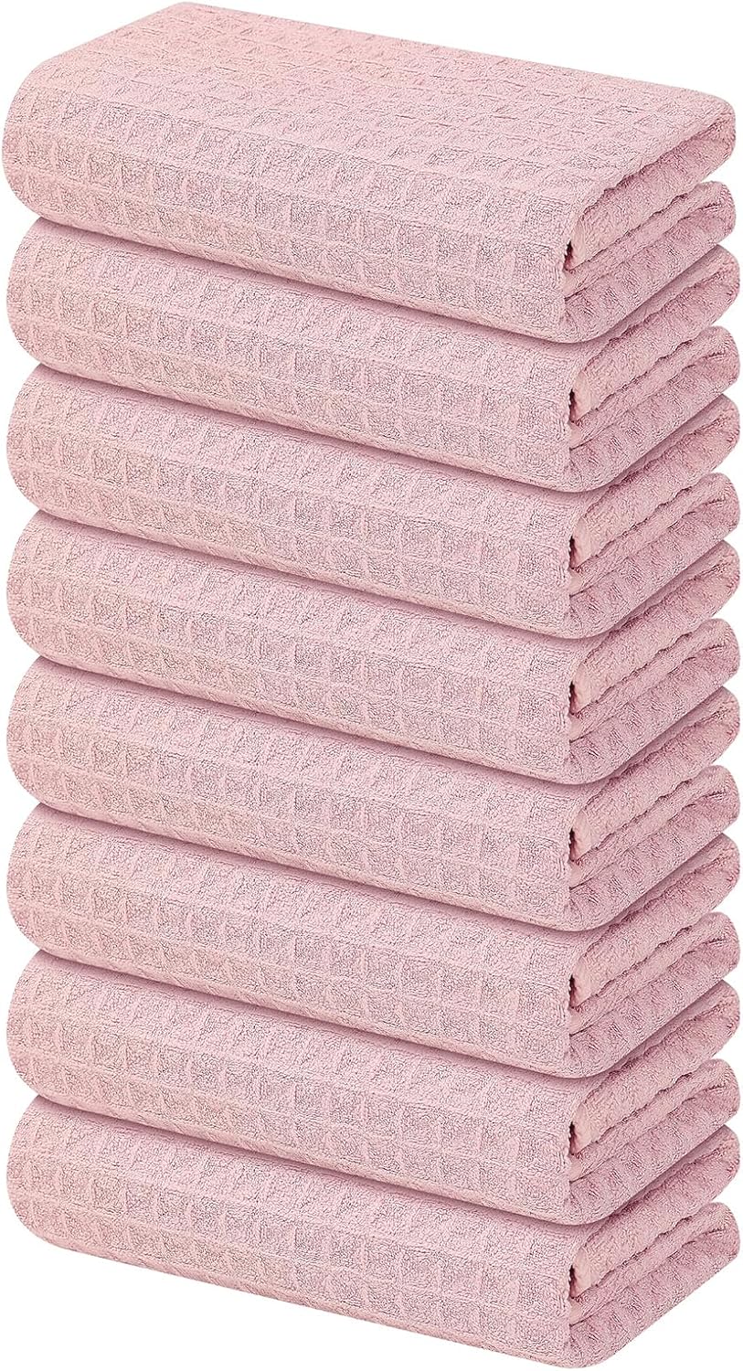 Homaxy Microfiber Waffle Weave Kitchen Towels, 16 x 28 Inch Ultra Absorbent and Solid Color Dish Towels, 8 Pack, Pink