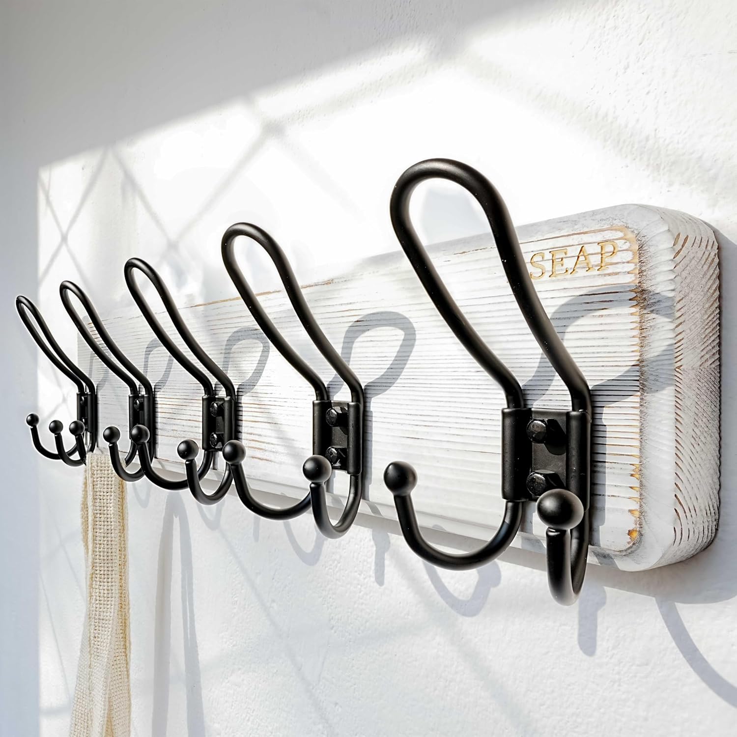 Dseap Coat Rack Wall Mounted - Heavy Duty Farmhouse Rustic Wall Coat Hanger with 5 Wire Hooks for Clothes Hat Jacket Towel, RusticWire, J1-5A, Whitewash & Black, Pack of 2