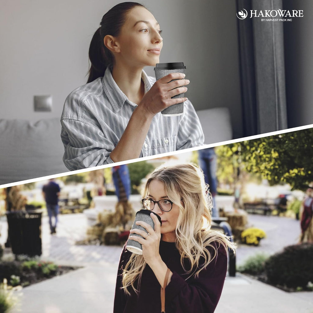 [340 SET]Harvest Pack 16 oz Disposable Coffee Cups, Insulated Ripple Double-Walled Paper Cups with Lids, Black and White Geometric, Bulk Drinking Cups for Tea Hot Chocolate Drinks To go coffee cups