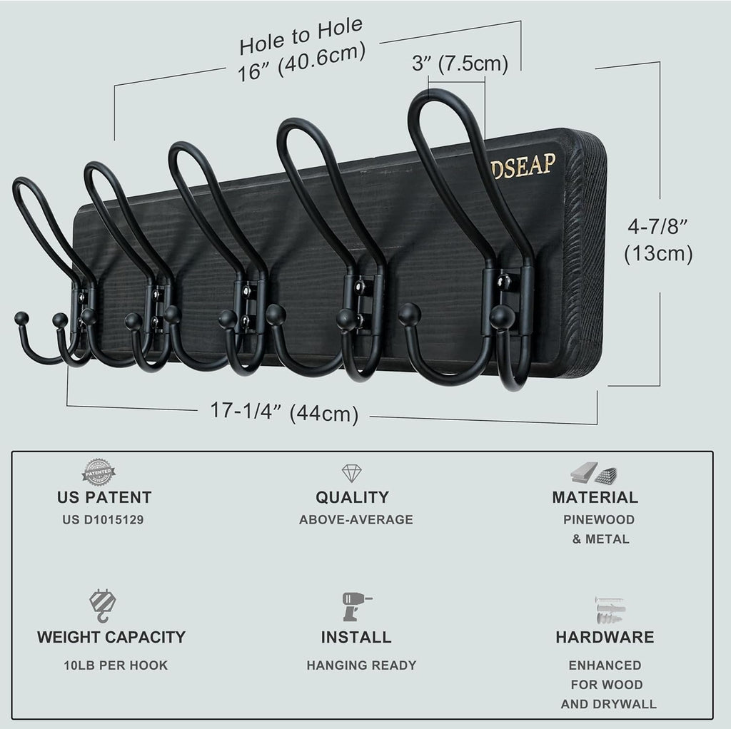 Dseap Coat Rack Wall Mounted - Heavy Duty Farmhouse Rustic Wall Coat Hanger with 5 Wire Hooks for Clothes Hat Jacket Towel, RusticWire, J1-5A, Black