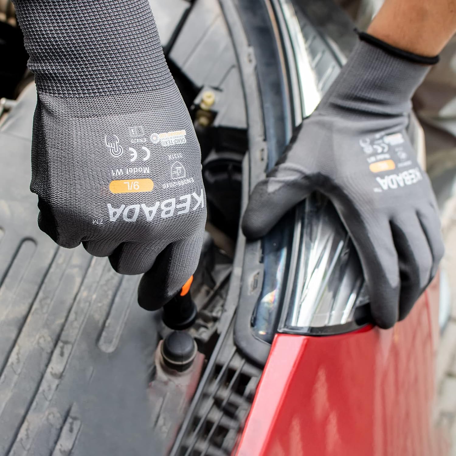 Kebada W1 Work Gloves for Men and Women, Touchscreen PU Coated Gloves with Grip, 50 Pairs Bulk Pack, Ideal for Warehouse Package Handling, Construction, Gardening, Gray XX-Large