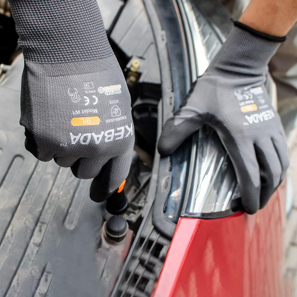 Kebada W1 Work Gloves for Men and Women, Touchscreen PU Coated Gloves with Grip, 50 Pairs Bulk Pack, Ideal for Warehouse Package Handling, Construction, Gardening, Gray X-Small