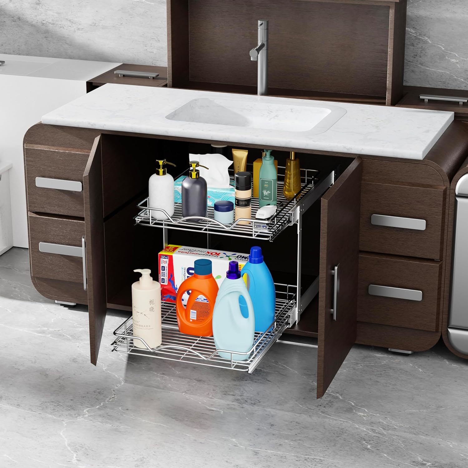 HOLDN’ STORAGE Two Tier Pull Out Cabinet Organizer, Individual Sliding Drawers - Heavy Duty Metal with Lifetime Limited Warranty - Anti Rust Chrome Finish - 28" W x 21”D x 16.5" H