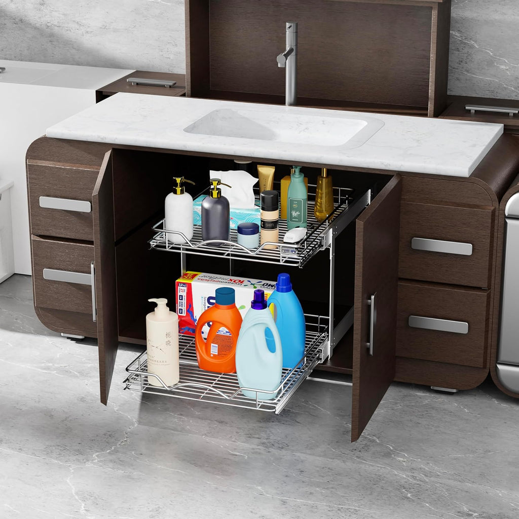 HOLDN’ STORAGE Two Tier Pull Out Cabinet Organizer, Individual Sliding Drawers - Heavy Duty Metal with Lifetime Limited Warranty - Anti Rust Chrome Finish - 24" W x 21”D x 16.5" H