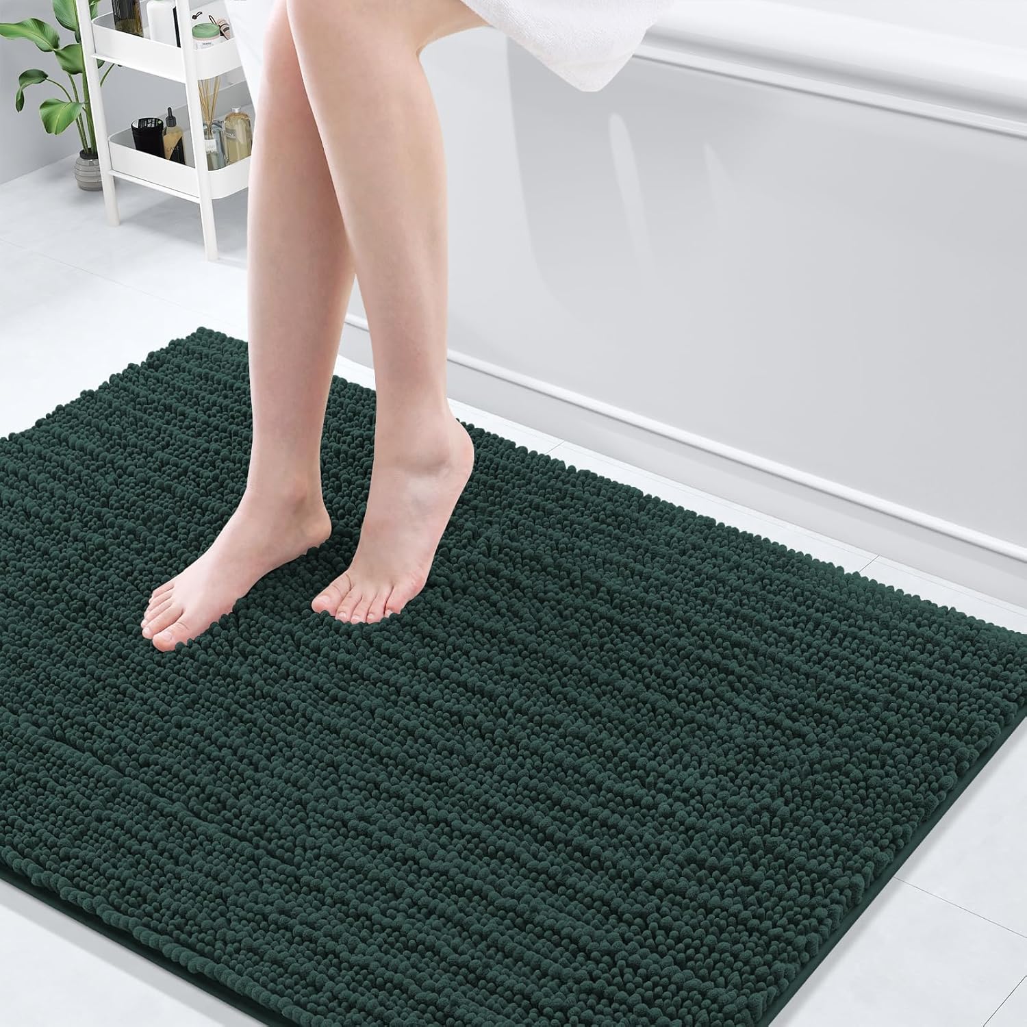 Arotive Luxury Chenille Bathroom Rug Mat, Extra Soft Thick Absorbent Shaggy Bath Rugs, Non-Slip Machine Wash Dry, Plush Bath Mats for Bathroom, Shower and Tub, 47x32, Dark Green