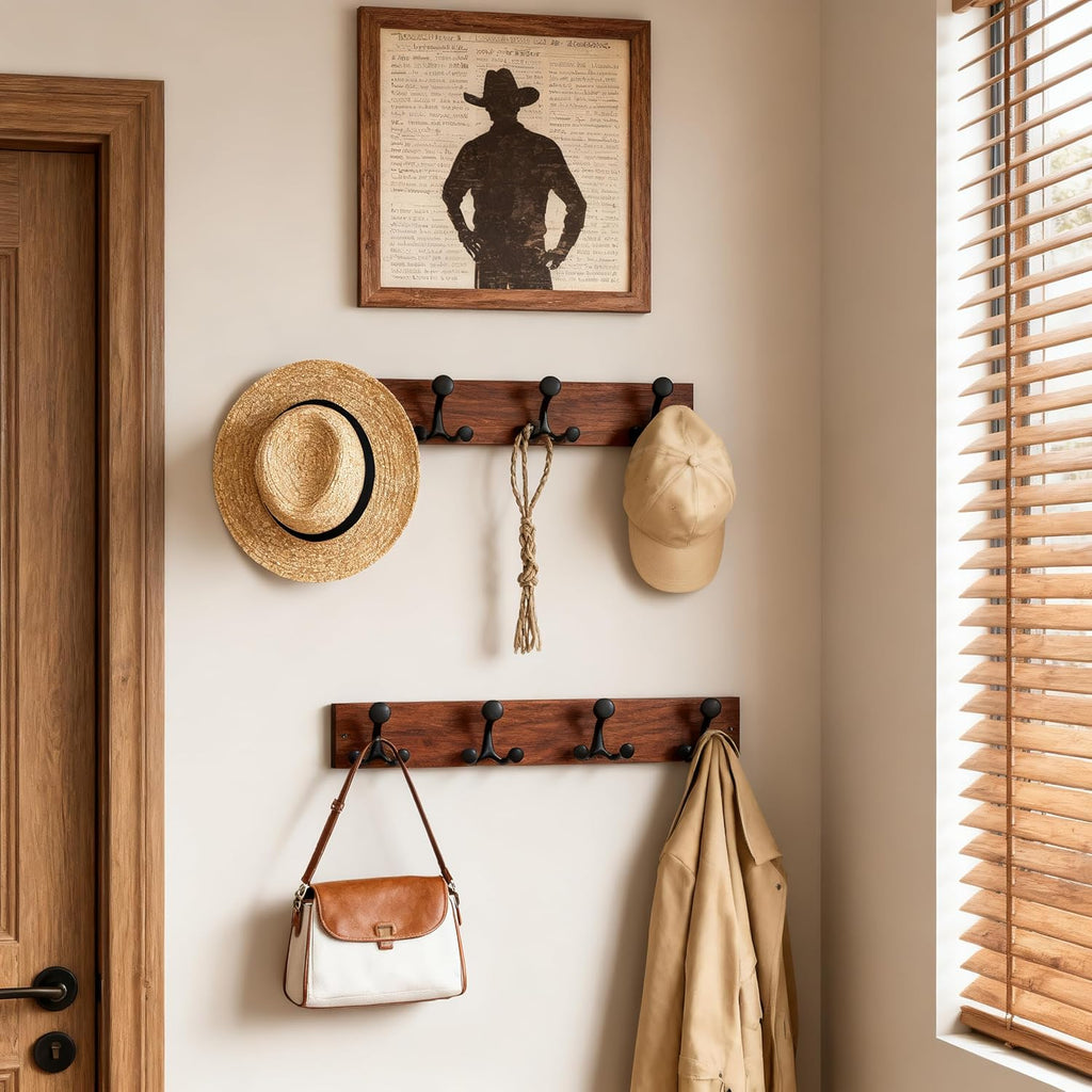 SKOLOO 24-Inch Wood Coat Rack Wall Mount with 4 Triple Hooks - Ideal for Family Entrances, Classrooms, and Pet Supplies Storage - Perfect Coat Hooks for Wall,Mahogany (Sapele)