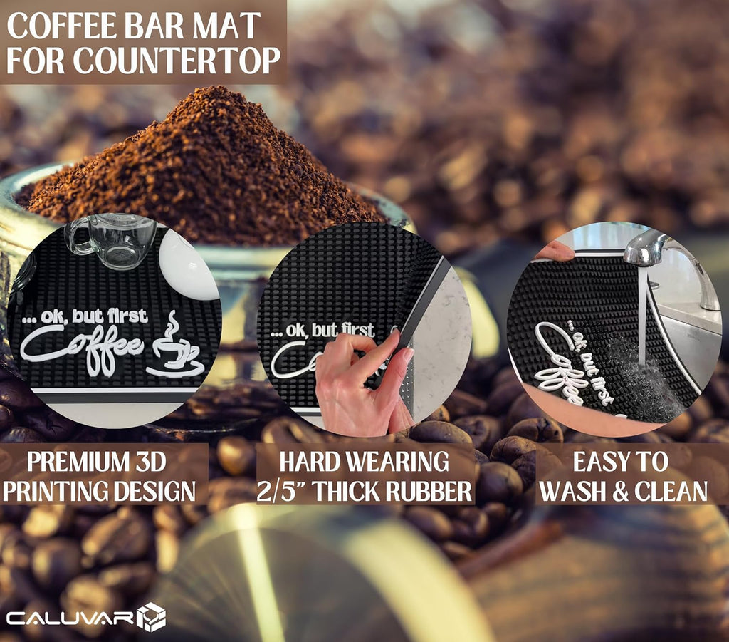Ok But First Coffee Sign Rubber Bar Mat for Countertop, 18x12 Coffee Bar Mat, Coffee Bar Sign Counter Mat, Coffee Station Mat, Cocktail Rubber Mat
