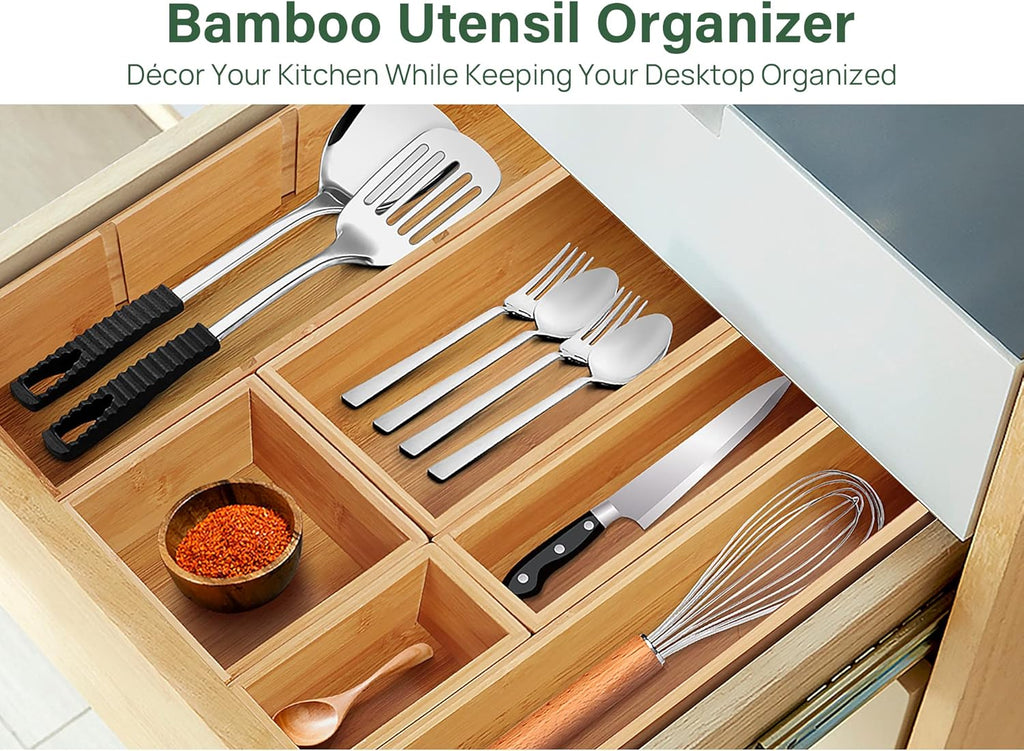 Kootek Bamboo Drawer Organizer with Removable Dividers, 6 Pcs Adjustable Kitchen Drawer Organizer Utensils Bamboo Organizers Silverware Storage Box Cutlery Tray Multi-Use for Bathroom, Makeup, Office