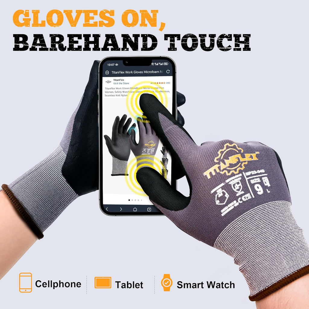 TitanFlex Work Gloves Microfoam Nitrile Coated Men Women, Safety Warehouse Gloves with Grip, Touchscreen, Seamless Knit Nylon