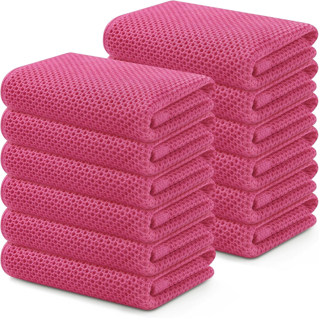 Kitinjoy 100% Cotton Waffle Weave Kitchen Towels, 12-Pack Super Soft and Absorbent Dish Towels for Drying Dishes, Kitchen Hand Towels, 13 in x 28 in, Hot Pink