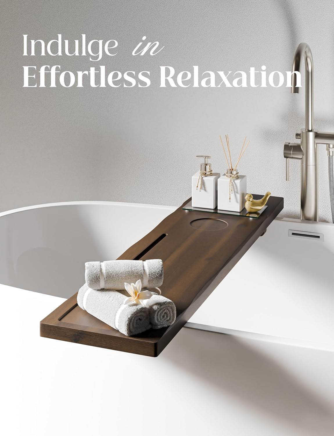 Tinamo Acacia Bathtub Tray Caddy with Adjustable Legs - Bath Tub Tray for Freestanding Tubs - 39x9.75 Inch Large Wooden Anti-Tipping Tub Tray for Bathtub with Accessories Holders (Walnut, 39x9.75)