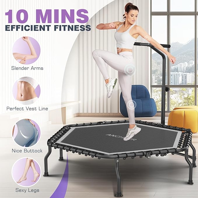 ANCHEER 50" Rebounder Trampoline for Adults- 2025 Foldable Mini Trampoline with Bar- Exercise Trampoline for Adults, Max Load 450lbs/550lbs, for Indoor/Garden Workout