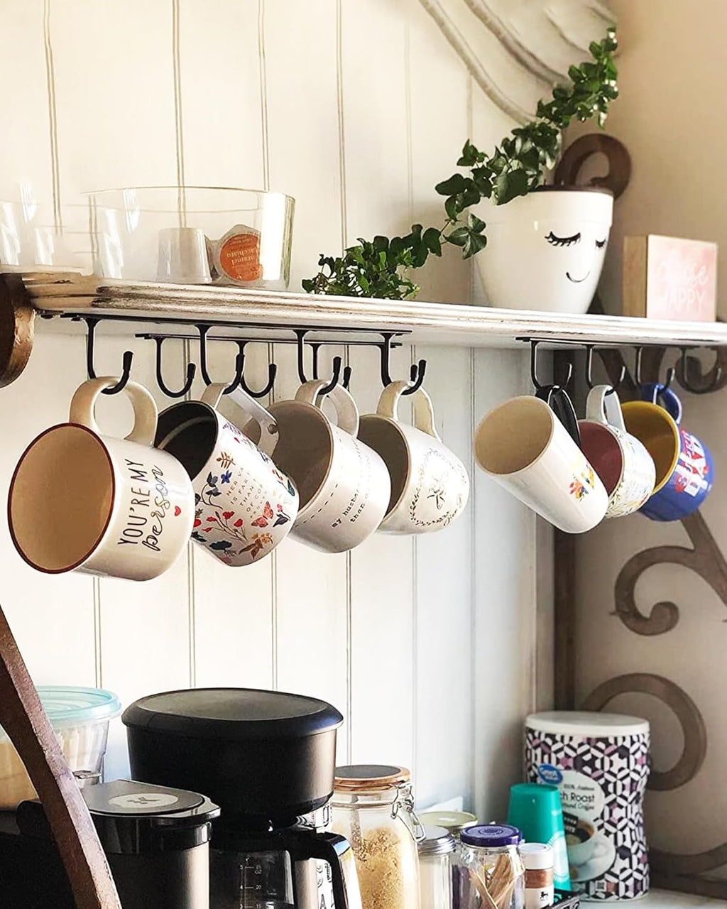 Mug Hanger Under Cabinet 3 Pcs Metal Coffee Hooks Wall Mounted Coffee Cup Rack Mug Storage Organizer for Kitchen Dining Bar - Black