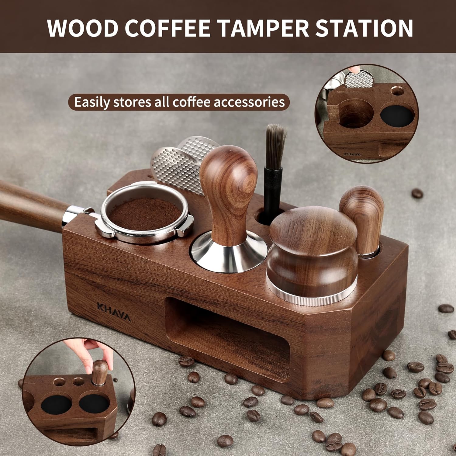 KHAVA Espresso Tamping Station | Wooden Coffee Tamper Station 51-54 mm | Espresso Organizer & Portafilter Holder | Coffee Station Organizer for Countertop | Espresso Accessories for Coffee Bar, Brown