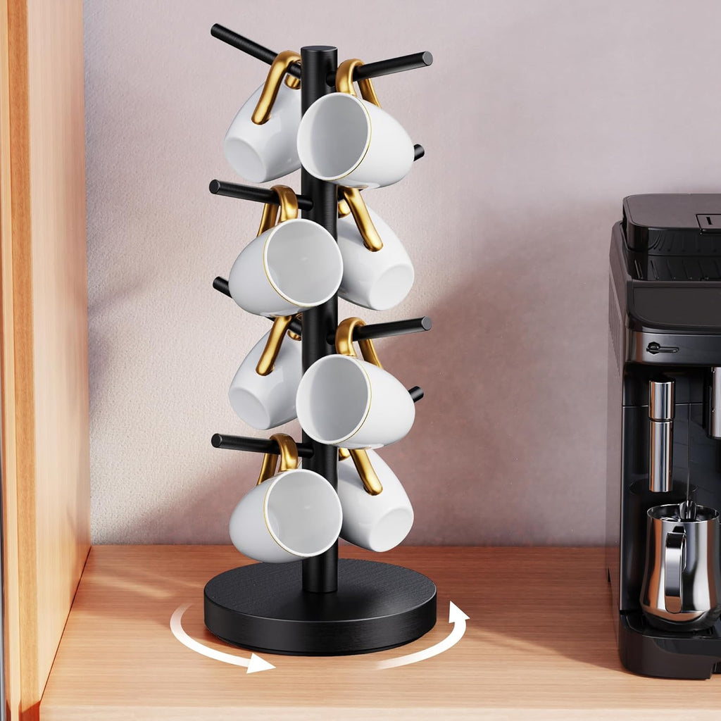 Coffee Mug Holder Tree, Upgraded 360° Rotated Coffee Cup Holder for Counter, Wood Coffee Mug Tree, Coffee Mug Rack with 8 Hooks, Coffee Mug Organizer Station, Mug Stand Coffee Bar Accessories, Black
