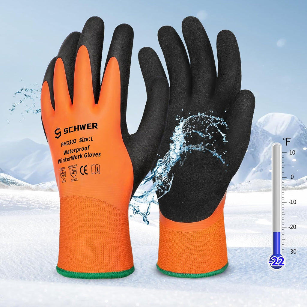 Schwer 2 Pairs FreezeGuard Winter Work Gloves, ANSI A2 Cut Resistant Freezer Gloves for Outdoor Cold Weather Keep Hands Warm, Waterproof Gloves for Shoveling Snow, Ice Fishing, L