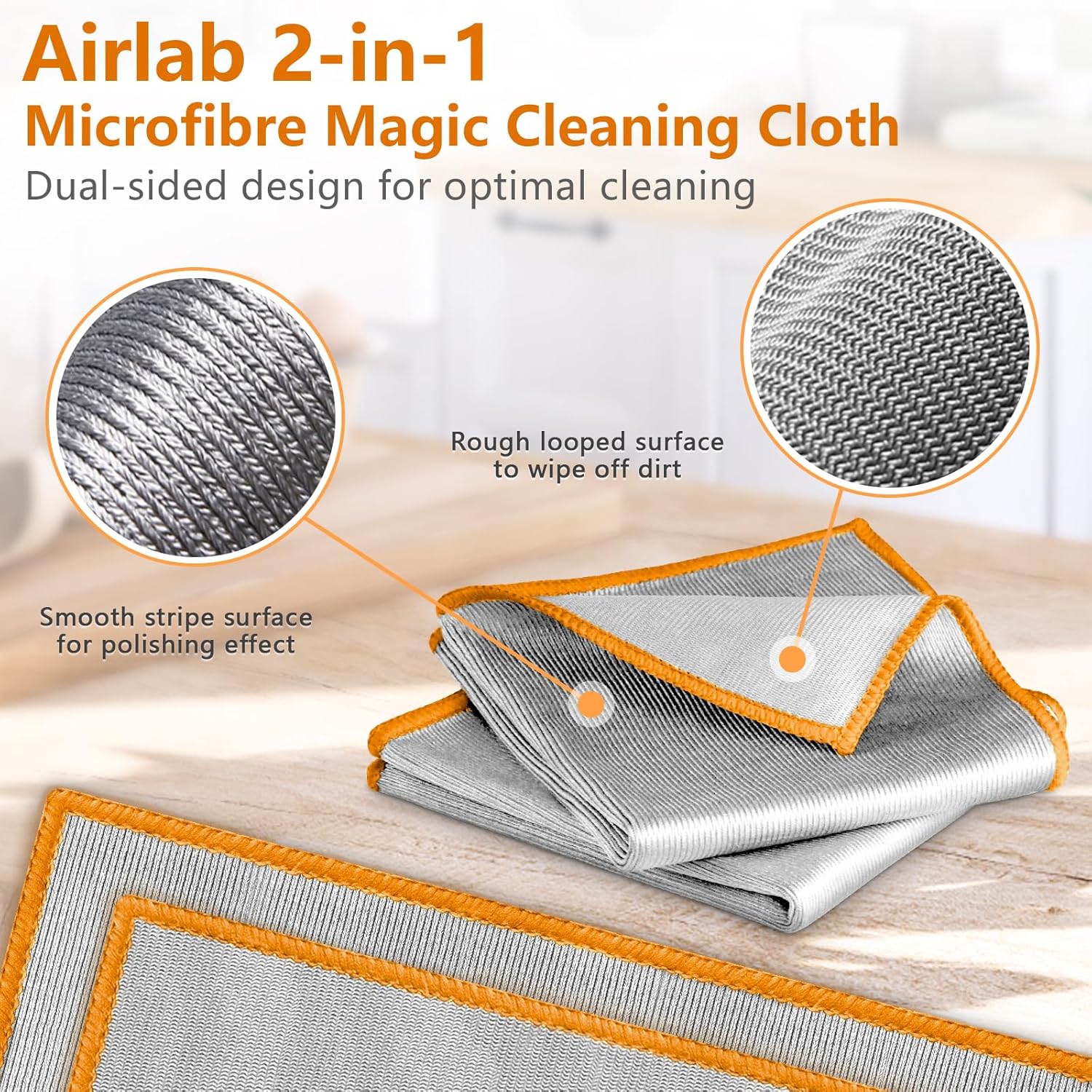 Glass Polishing Cloth Streak Free Miracle Microfiber Cleaning Cloth Lint Free Cleaning Rags for Glasses Kitchen Dish Mirrors Easy Clean, Pack of 6, 12" x 12", Sliver-Orange