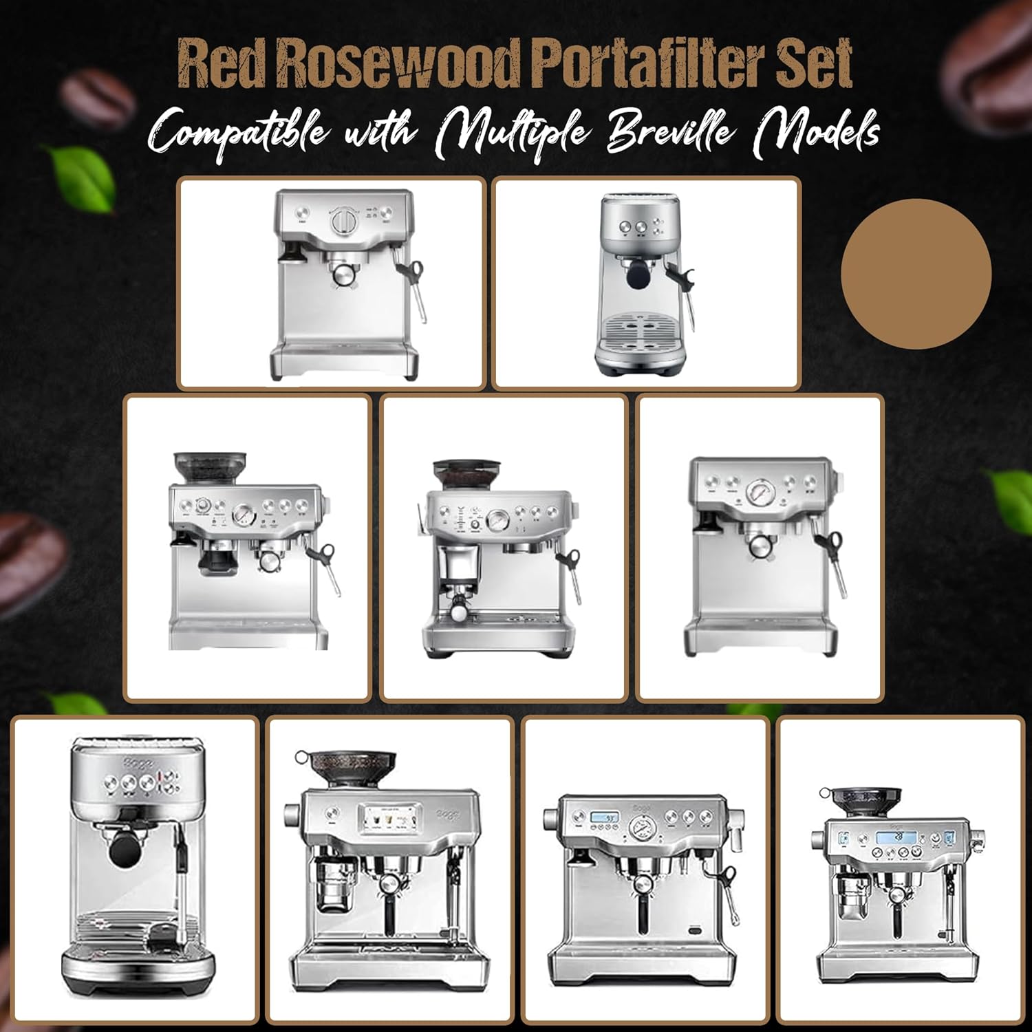 54mm Bottomless Portafilter 3 Ears Black Rosewood Handle Set– Fits Breville Barista Express, Bambino, Impress, Duo Temp Pro and Infuser – Includes 18g Filter Basket & 1.7mm Puck Screen