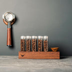 Single Dose Coffee Bean Storage Tubes Coffee Bean Cellar 10 Pcs Dosing Glass Vials With Lids (2 Oz) Wooden Display Stand And Funnel