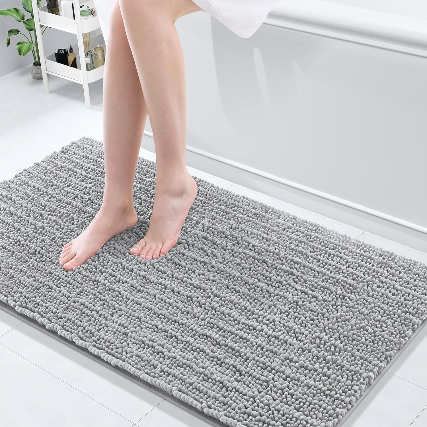 Arotive Luxury Chenille Bathroom Rug Mat, Extra Soft Thick Absorbent Shaggy Bath Rugs, Non-Slip Machine Wash Dry, Plush Bath Mats for Bathroom, Shower and Tub, 54x24, Light Grey