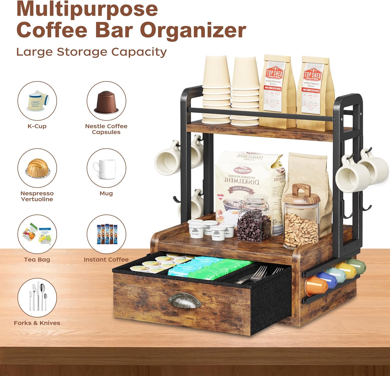 Homeiju Coffee Station Organizer, 40 Coffee Pods Storage & 8 Mug Hooks,Nespresso Pods Holder, Space-Saving Countertop Storage, Rustic Brown