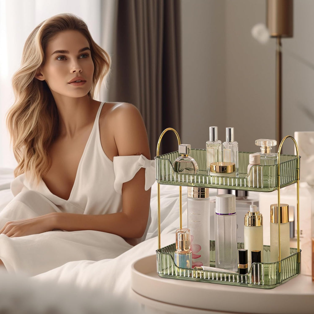 YCIA&DONE Bathroom Organizer Countertop, Makeup Storage, Skincare Cosmetic Tray Shelf, Perfume Holder Rack for Vanity Counter, Large Capacity, Easy to Install, Clean, 2 Tiers, Vintage Green