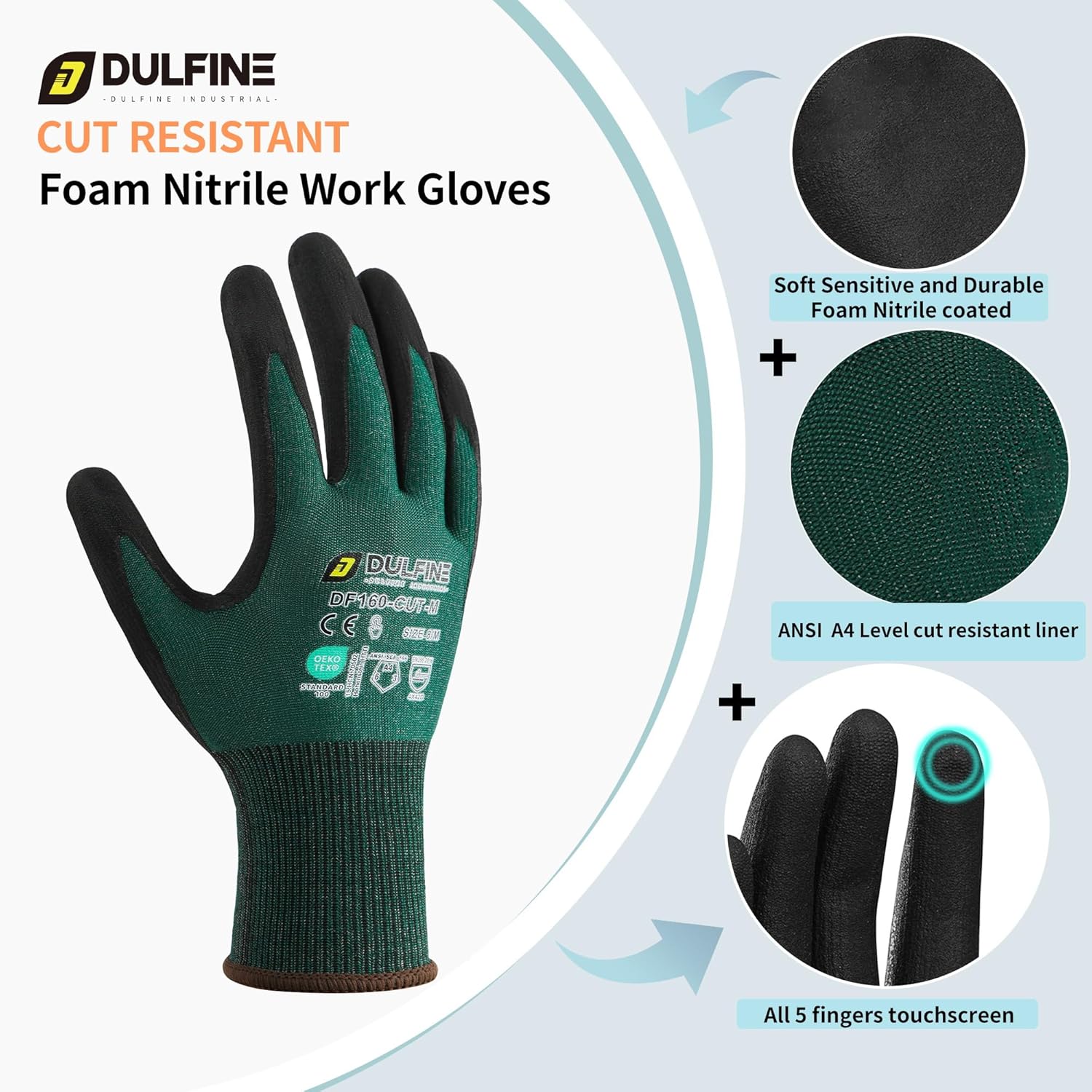 DULFINE ANSI A4 Cut Resistant Work Gloves for Men,6 Pairs Pack.Touchscreen Micro Nitrile Coated,Anti-Slip & Durable for Construction, Wood Cutting,Glass Factory Industrial Use(Small)