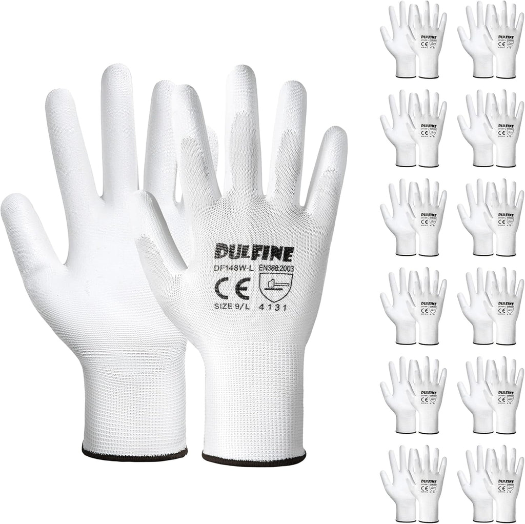 DULFINE Safety Work Gloves PU Coated-12 Pairs,White Seamless Knit Glove with Polyurethane Coated Smooth Grip on Palm & Fingers, for Men and Women, Ideal for General Duty Work (Large)