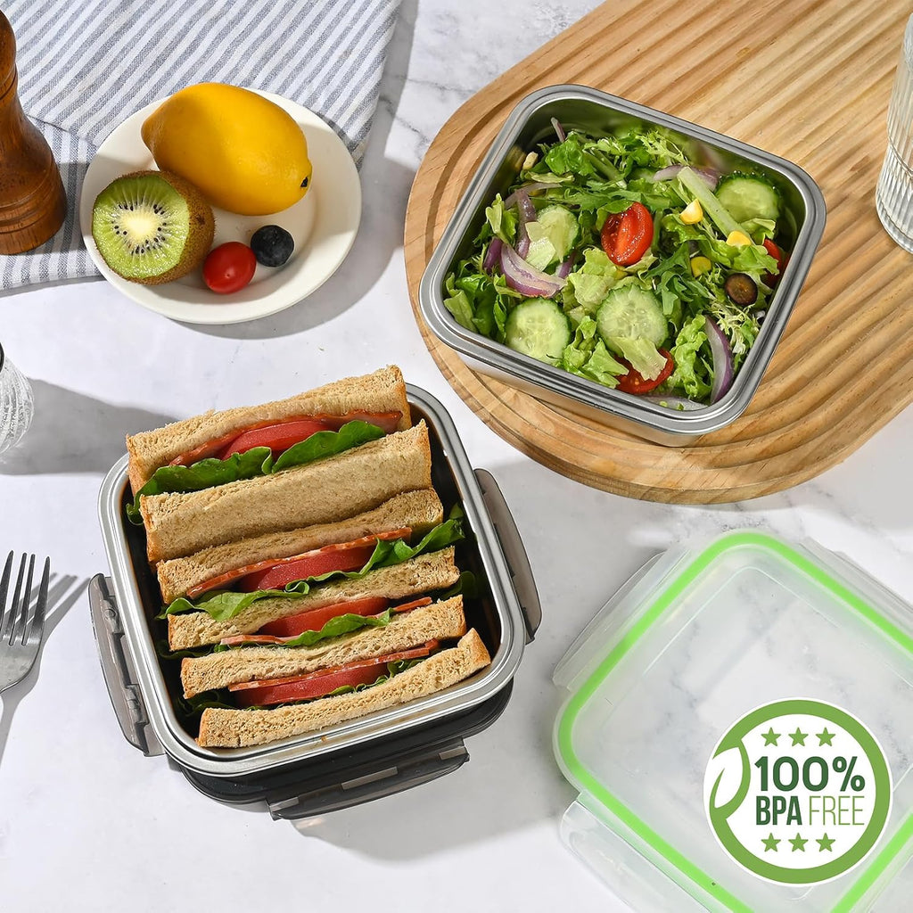 2 Pack Sandwich Containers, 24oz Stainless Steel Sandwich Box with Airtight Lids, Reusable Metal Meal Prep Lunch Boxes, BPA-Free, Dishwasher Safe, Food Storage Containers for Families (Green)