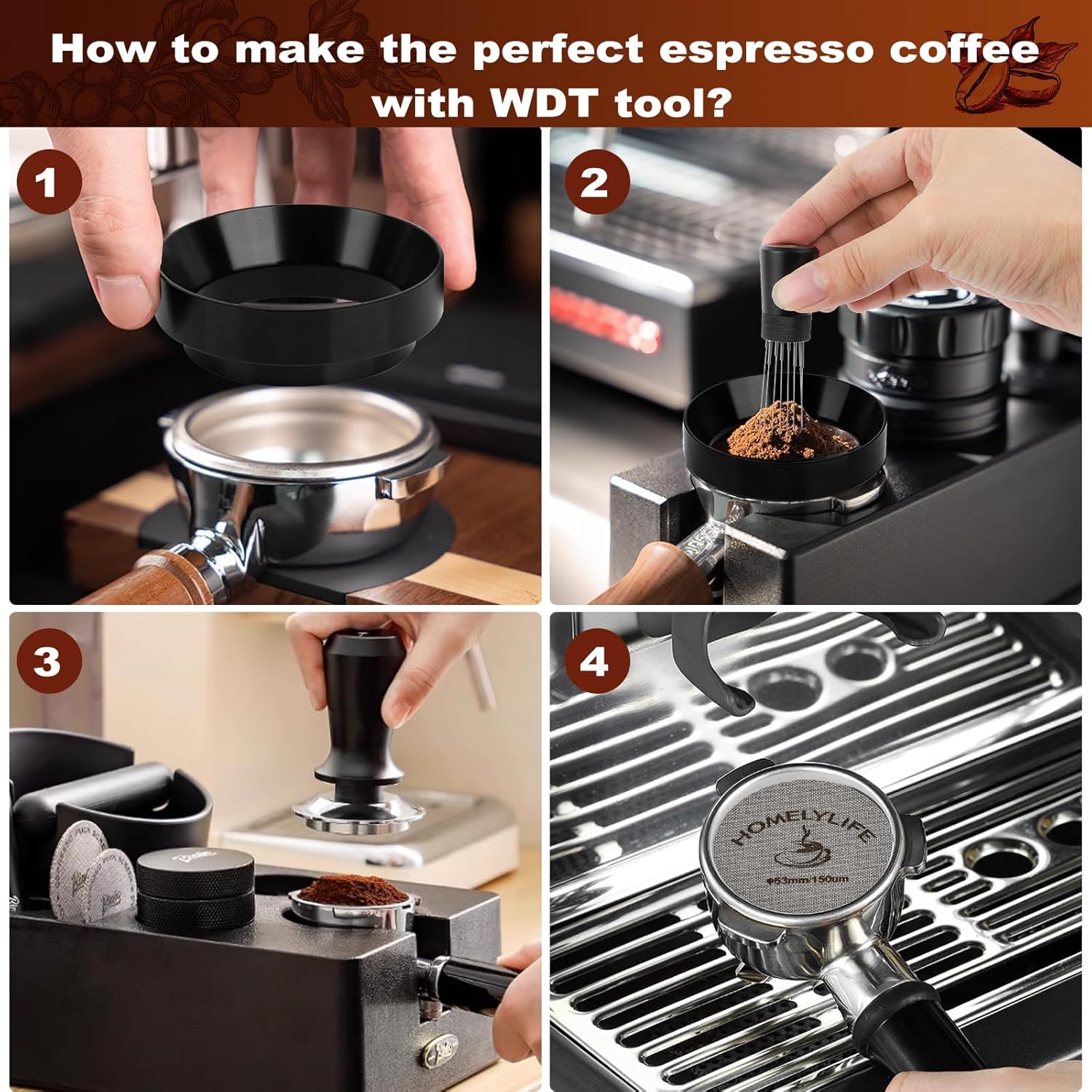 WDT Tools Espresso Puck Screen, 53mm Espresso Accessories Kit - 150μm Puck Screen Set, 0.25mm 316 Stainless Steel 8 Needles Coffee Distribution Stirrer, Portafilter Dosing Ring for Barista Black