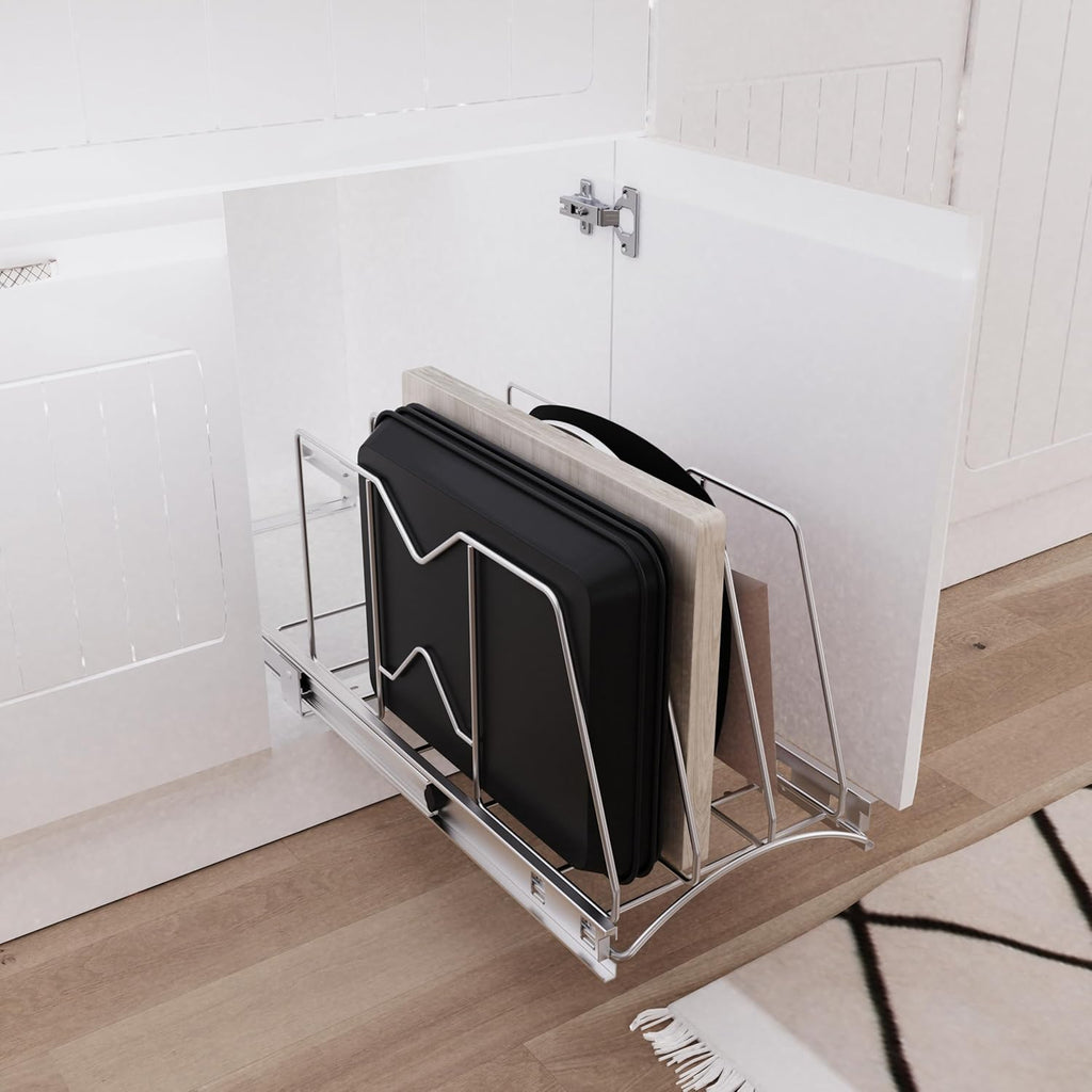 Pull Out Cookie Sheet Organizer for Cabinet, Pan and Pot Rack, Cutting Board Organizer Rack, Baking Tray Organizer for Cabinet, Adjustable Divider Width, 11" W x 22" D x 11.8" H, Chrome