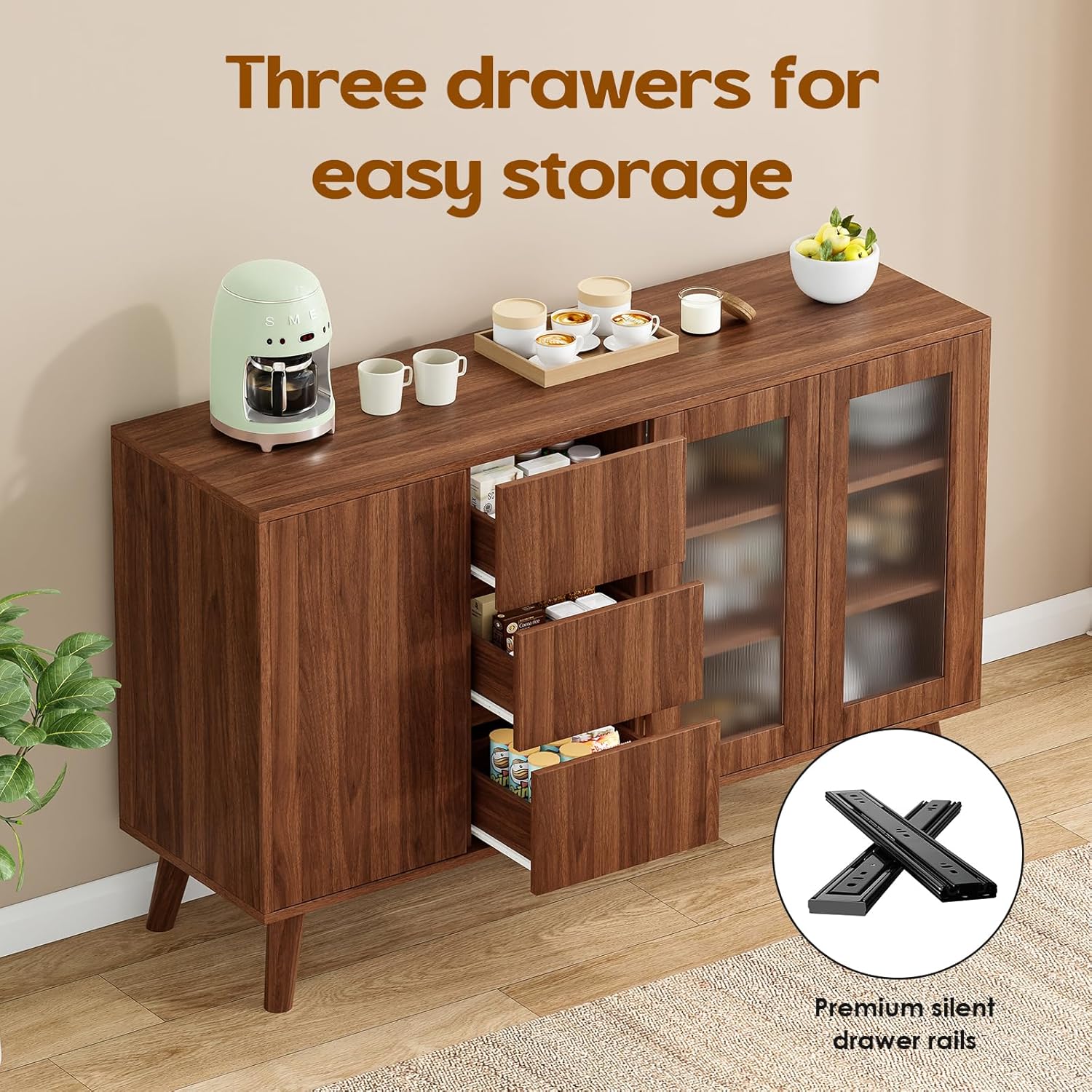 Soohow Farmhouse Buffet Cabinet, 55.5" Coffee Bar with 3 Drawers and Pop-Up Doors, Large Rustic Sideboard for Dining Room, Kitchen, Hallway, and Living Room