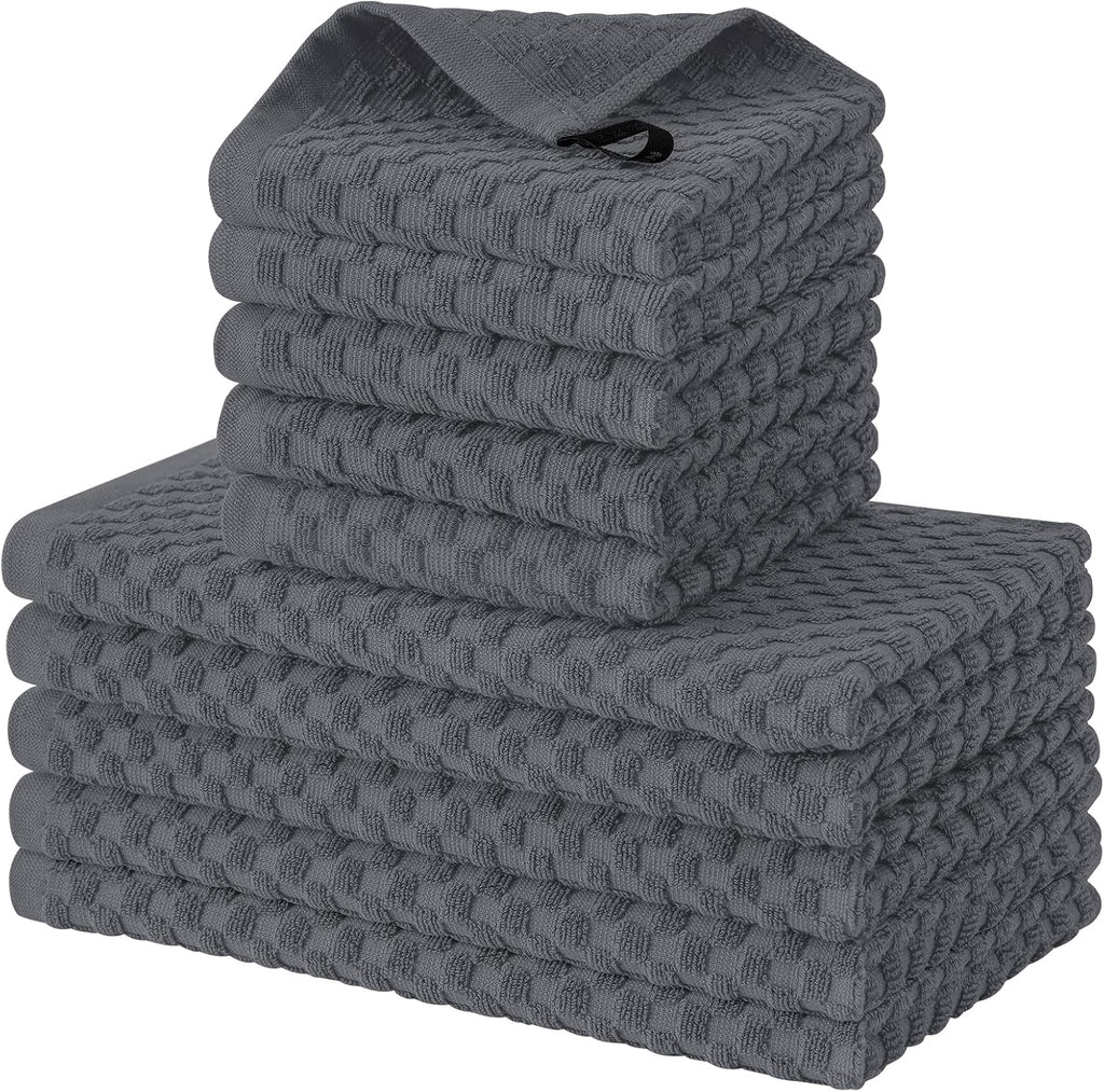 Fintale 100% Cotton Kitchen Towels and Dishcloths Set, 12 x 12 & 15 x 25 Inches, Set of 10 Bulk Super Soft and Absorbent Terry Cloth Dish Towels, Quick Drying Hand Towels with Hanging Loop, Dark Grey