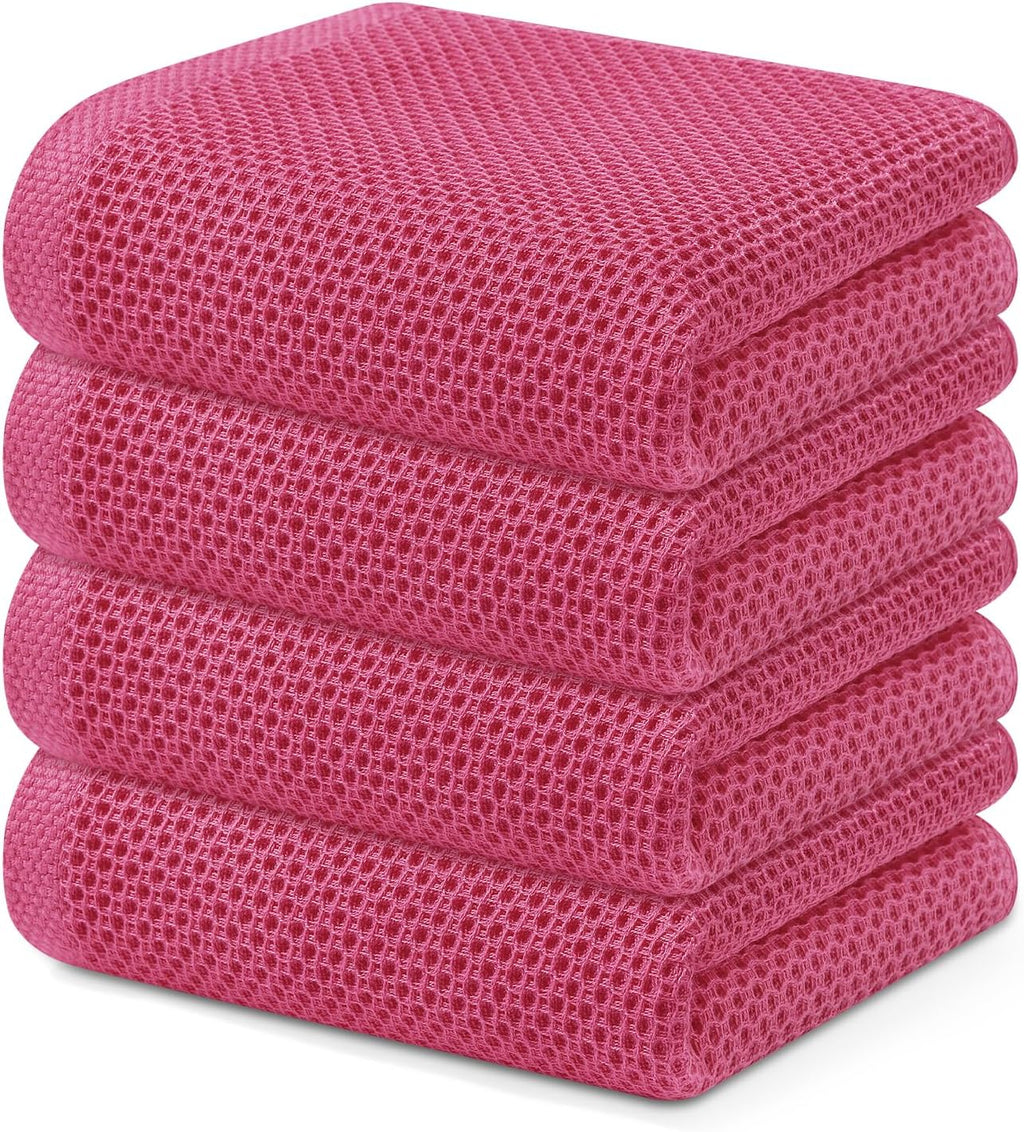 Kitinjoy 100% Cotton Waffle Weave Kitchen Towels, 4-Pack Super Soft and Absorbent Dish Towels for Drying Dishes, Kitchen Hand Towels, 13 in x 28 in, Hot Pink