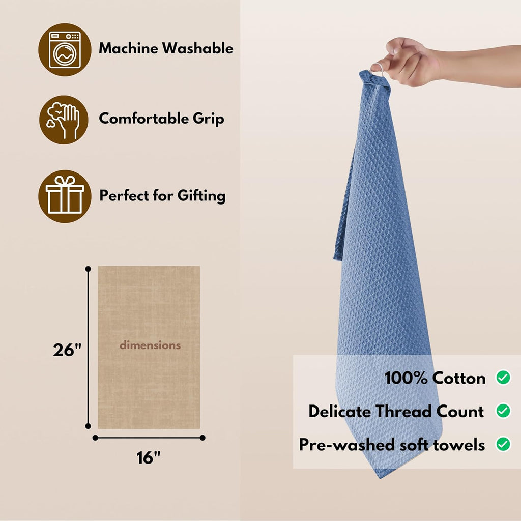 Native Fab Cotton Kitchen Towel with Hanging Loop 16x26 inches, 6-Pack, Waffle Weave Kitchen Towels for Cleaning Drying, Washcloths Soft & Absorbent Cloth Rags, Bar Towel, Dish Cloth, Sky Blue