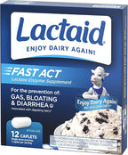 Lactaid Fast Act Lactose Intolerance Relief Caplets with Lactase Enzyme to Prevent Gas, Bloating & Diarrhea Due to Lactose Sensitivity, Ideal for Travel & On-The-Go, 12 Packs of 1-Count