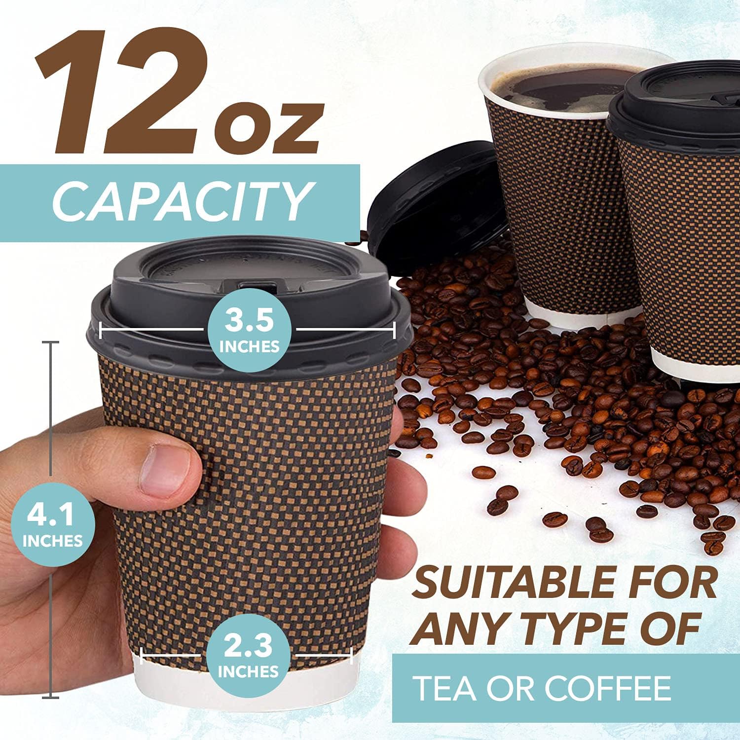 Promora Brown Disposable Coffee Cups With Lids 12 oz, Premium Insulated Paper Ripple Cups for Hot Coffee, Paper Cups 12 oz Coffee Cups 12 oz, Paper Coffee Cup with Lids (80 Pack)