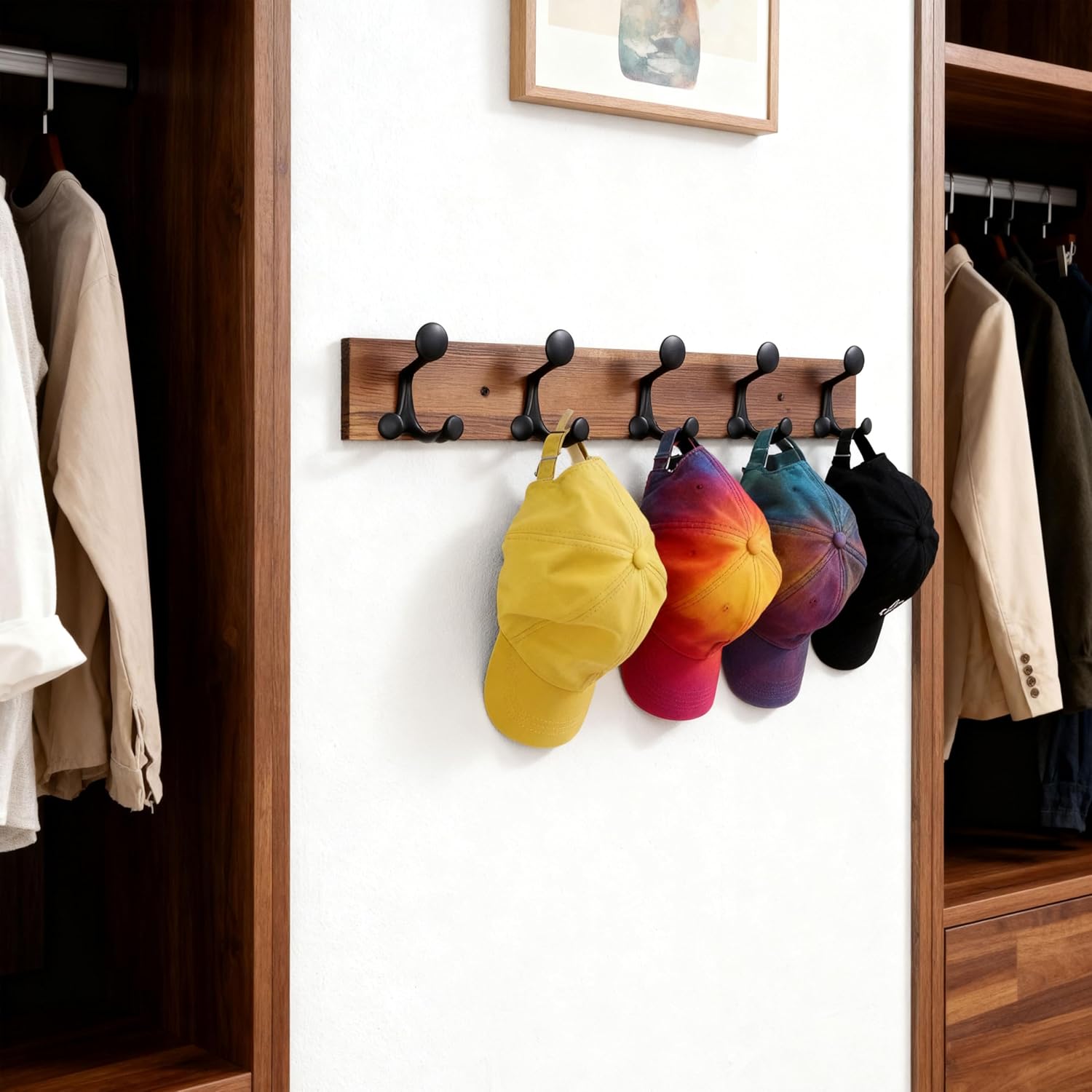 SKOLOO 30-Inch Wood Coat Rack Wall Mount with 5 Triple Hooks - Ideal for Family Entrances, Classrooms, and Pet Supplies Storage - Perfect Coat Hooks for Wall,Charred Golden Brown