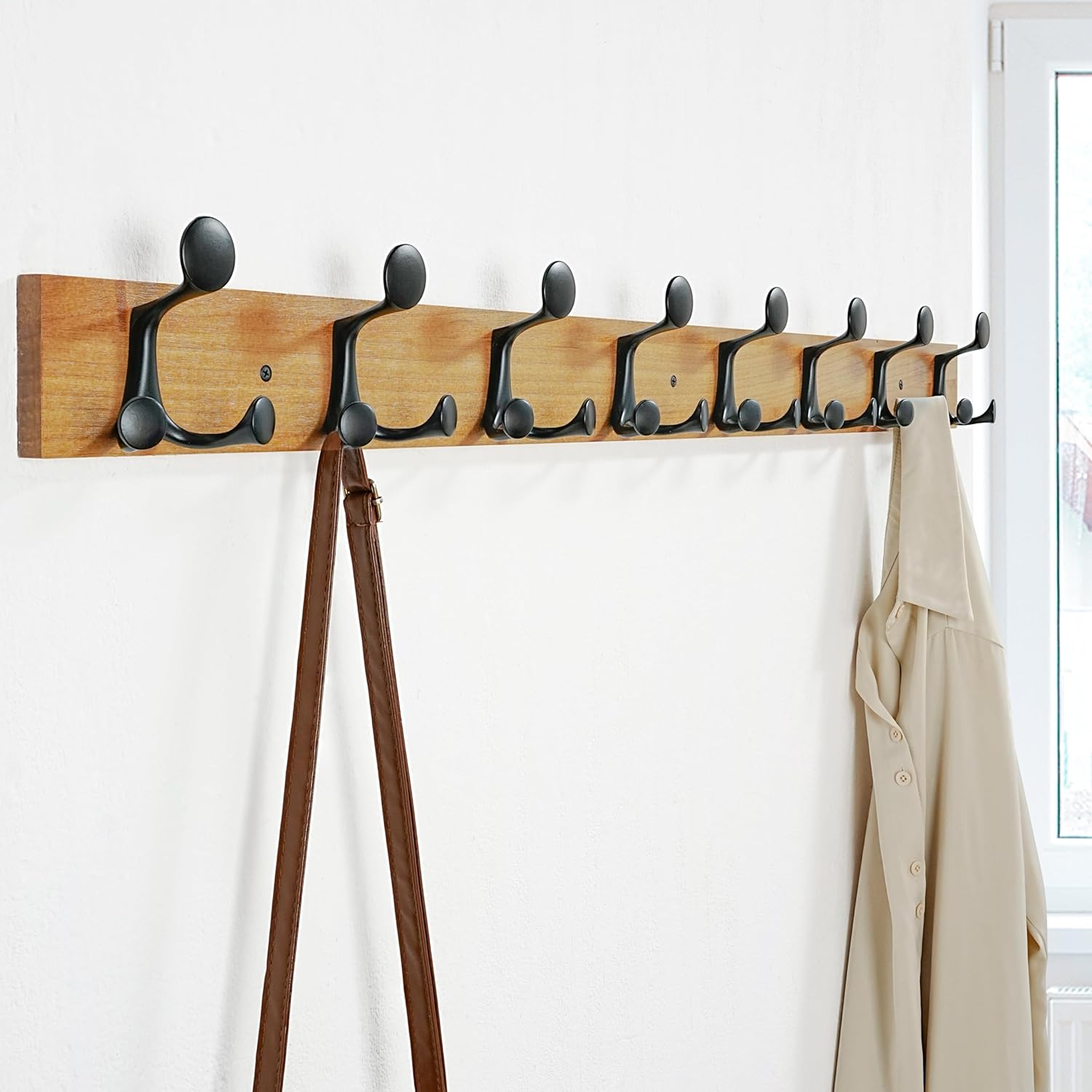 SKOLOO 43-Inch Light Brown Wood Coat Rack Wall Mount with 8 Triple Hooks - Ideal for Family Entrances, Classrooms, and Pet Supplies Storage - Perfect Coat Hooks for Wall