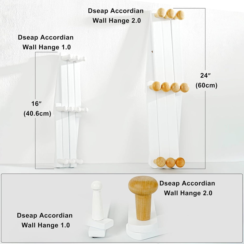 Dseap Expandable Coat Rack (Larger Version) - 24” High, Anti-Slip, Ultra Heavy Duty Wooden Accordian Wall Hanger with 10 Study Peg Hooks for Clothing Hats Jackets Bags, White & Natural