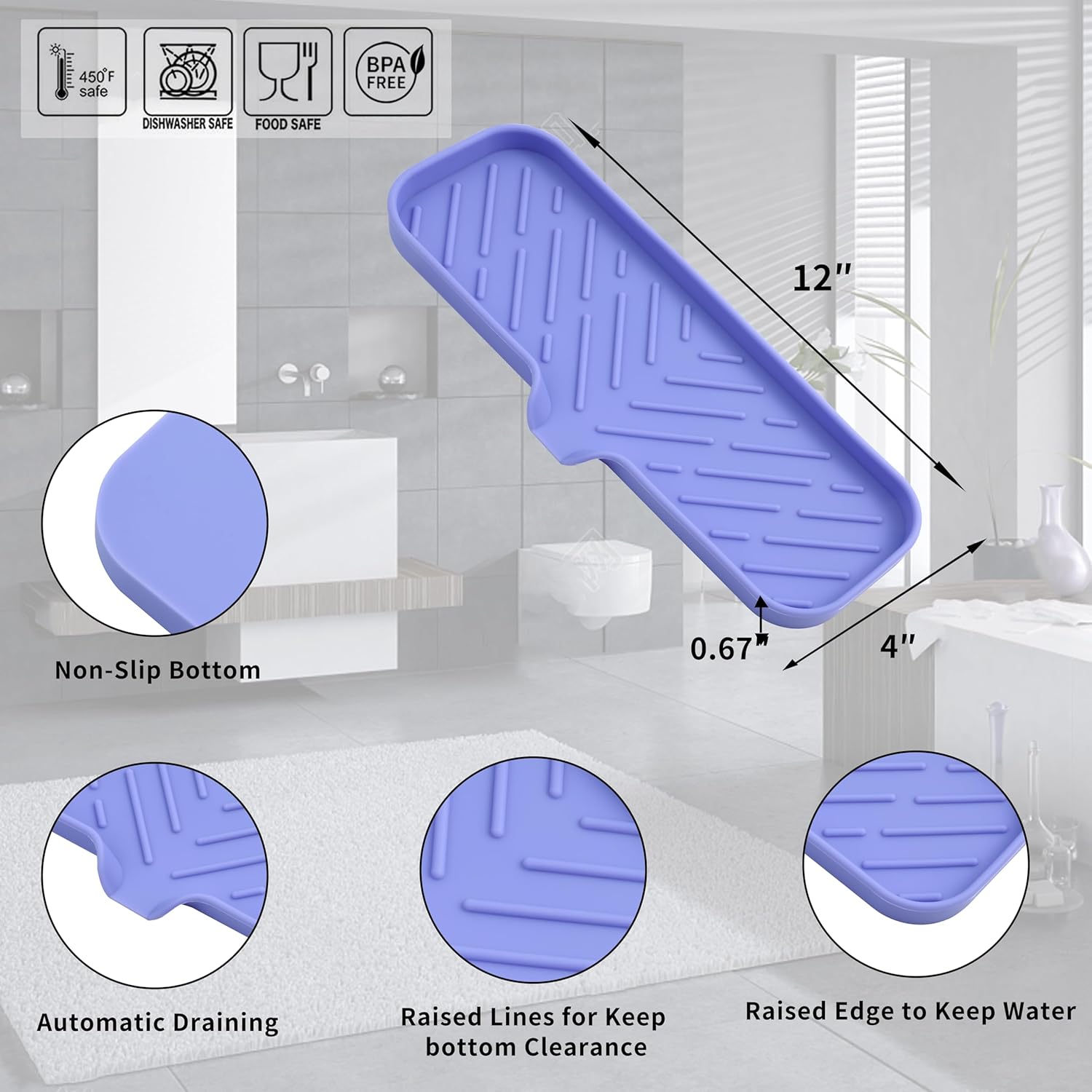 Silicone Bathroom Soap Dishes with Drain Spout-Bathroom and Kitchen Sink Organizer,Sponge Holder,Dish Soap Tray,Perfect for Dispenser,Scrubber,Bottle on Sink or Counter-Light Purple 12"×4"