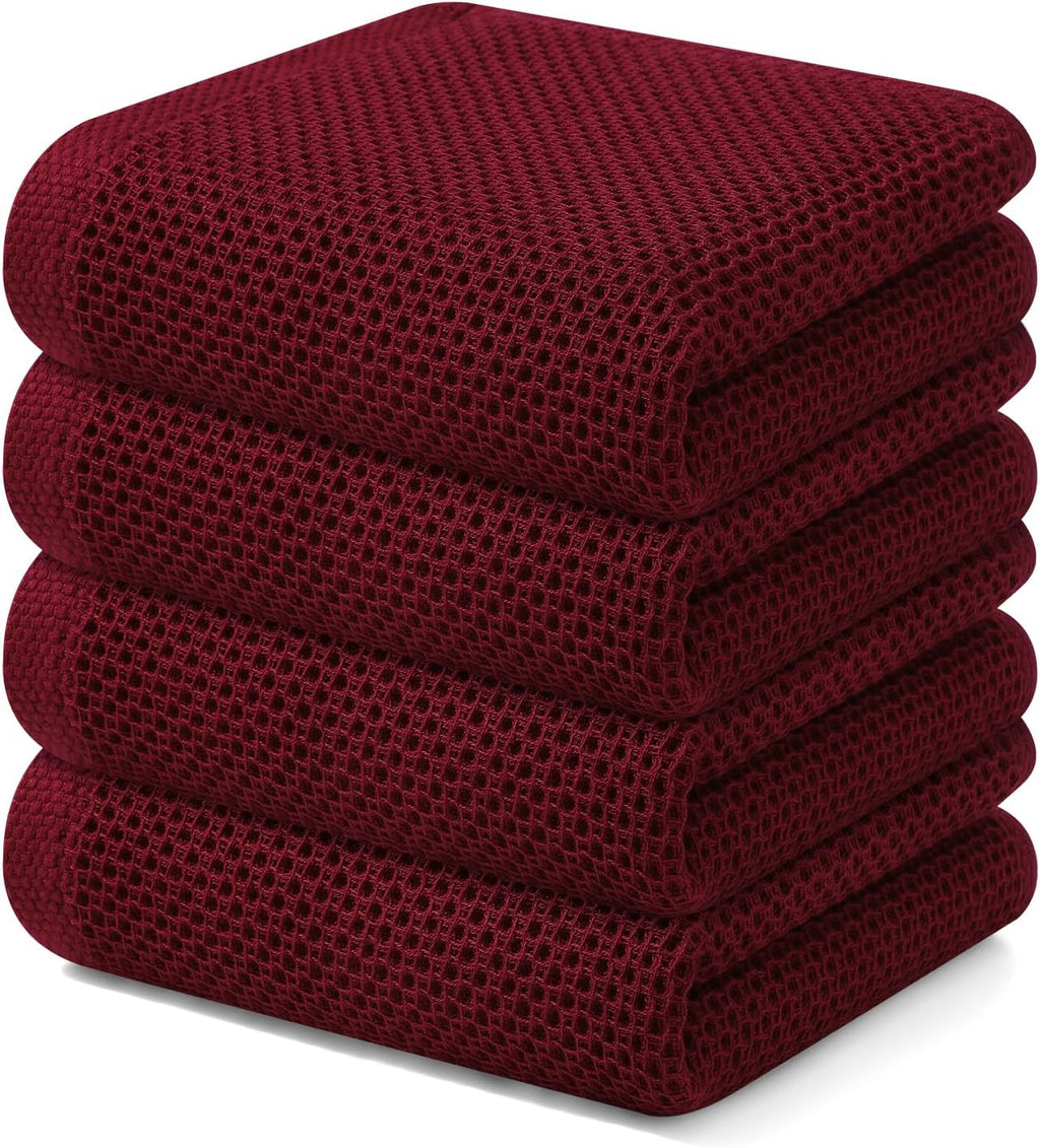 Kitinjoy 100% Cotton Waffle Weave Kitchen Towels, 4-Pack Super Soft and Absorbent Dish Towels for Drying Dishes, Kitchen Hand Towels, 13 in x 28 in, Burgundy