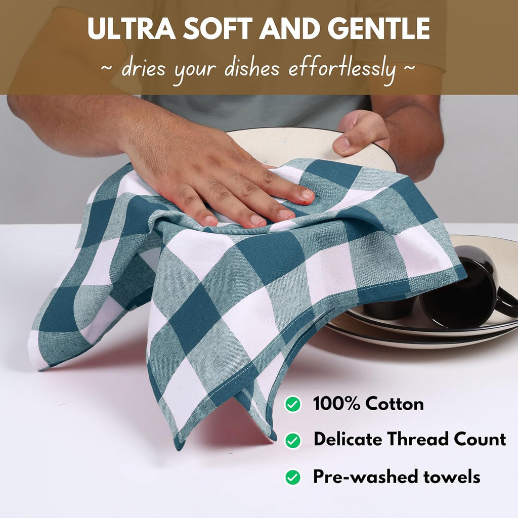 Native Fab 4-Pack Kitchen Towel with Hanging Loop 16x26 inches, Cotton Buffalo Check Kitchen Towels for Cleaning Drying, Washcloths Soft & Absorbent Cloth Rags, Bar Towel, Dish Cloth, Teal Green