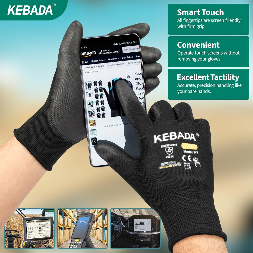 Kebada W1 Safety Work Gloves, PU Coated Touch Screen Work Gloves with Grip, Bulk Pack Working Gloves for Warehouse, Construction, Gardening and Mechanic Use, Black, 50 Pairs, Small
