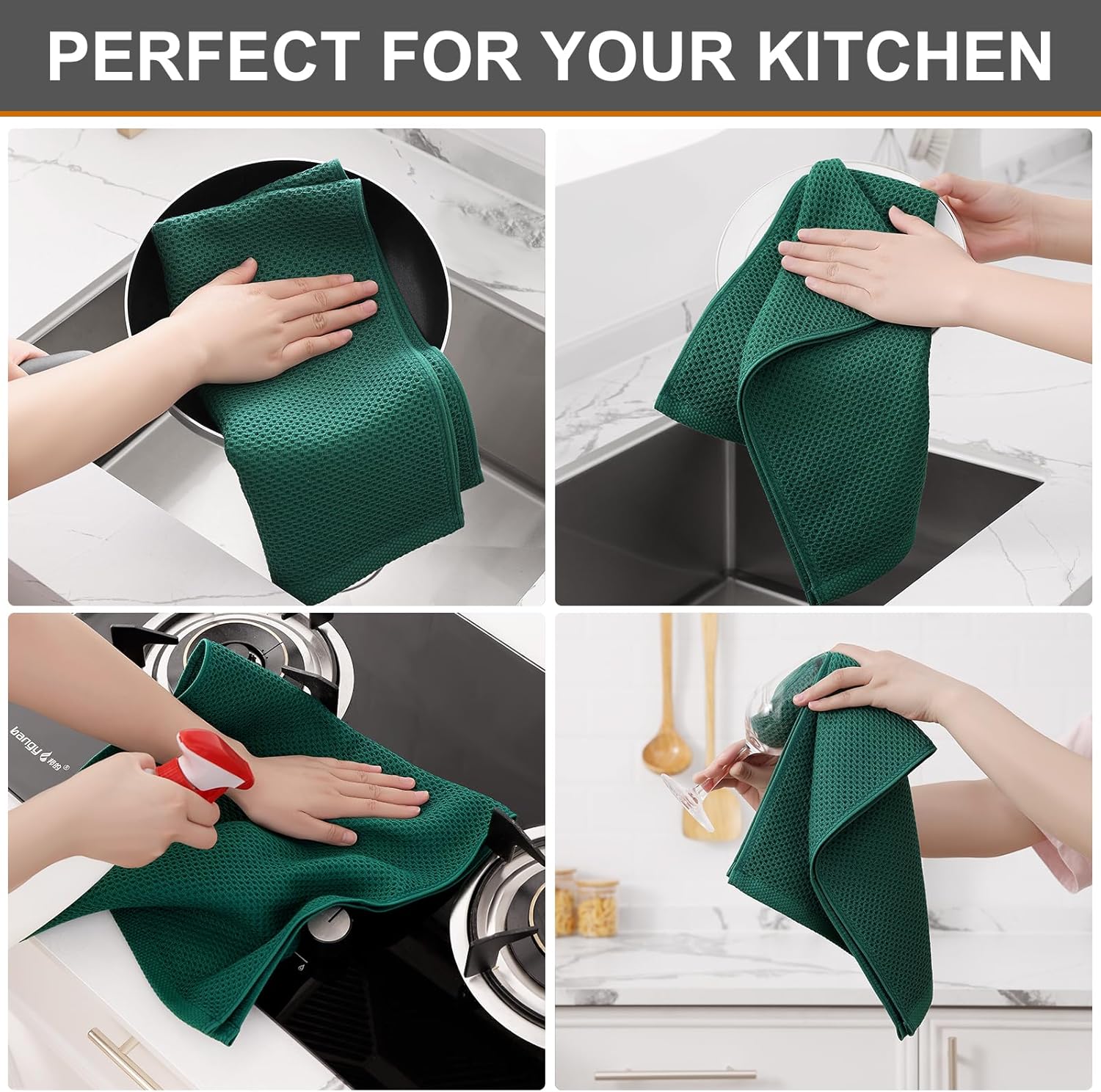 Kitinjoy 100% Cotton Waffle Weave Kitchen Towels, 6-Pack Super Soft and Absorbent Dish Towels for Drying Dishes, Kitchen Hand Towels, 13 in x 28 in, Dark Green