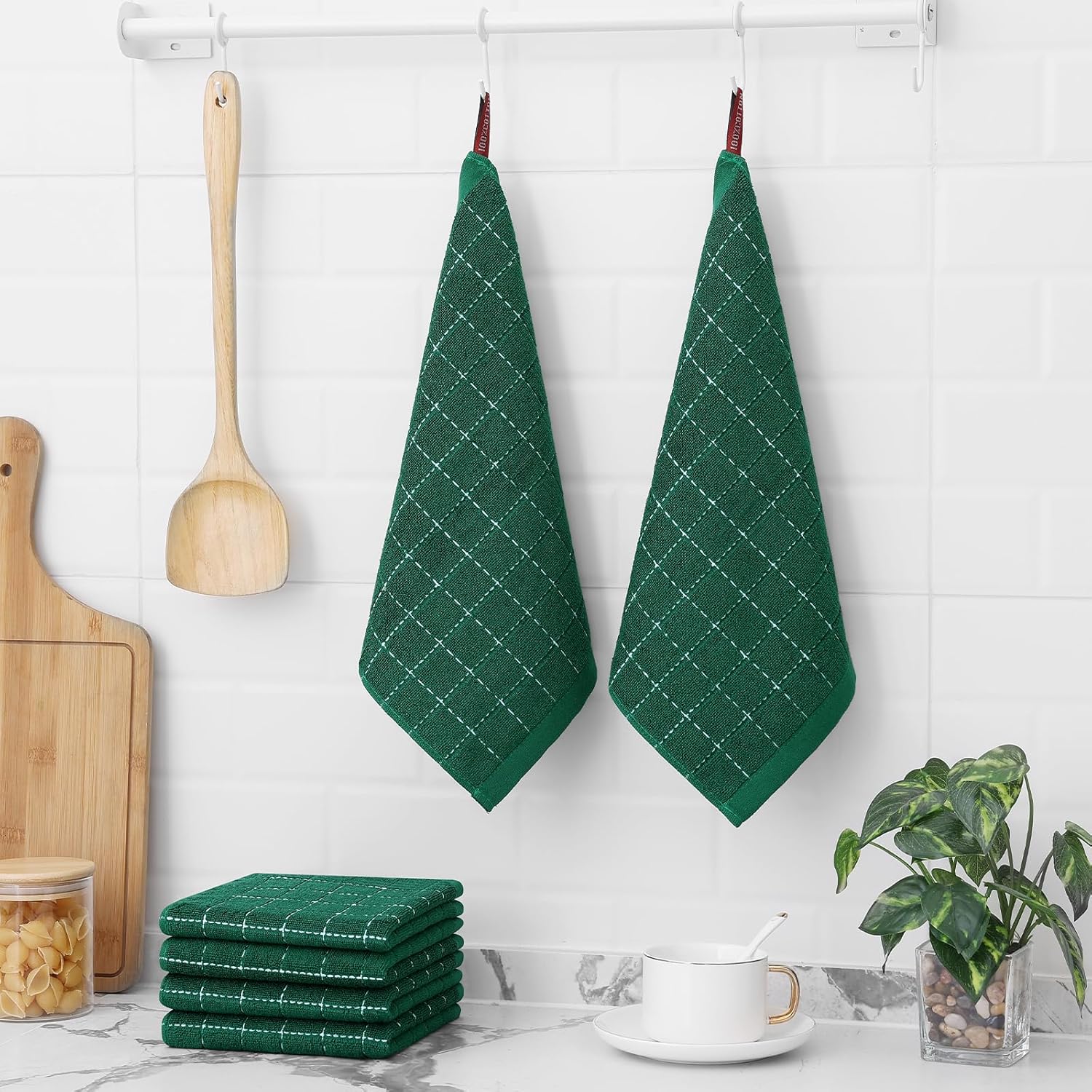 Homaxy 100% Cotton Terry Kitchen Dish Cloths, Ultra Soft and Absorbent Dish Towels for Kitchen, Perfect for Drying and Washing Dishes, 12 Pack, 12 x 12 Inches, Dark Green